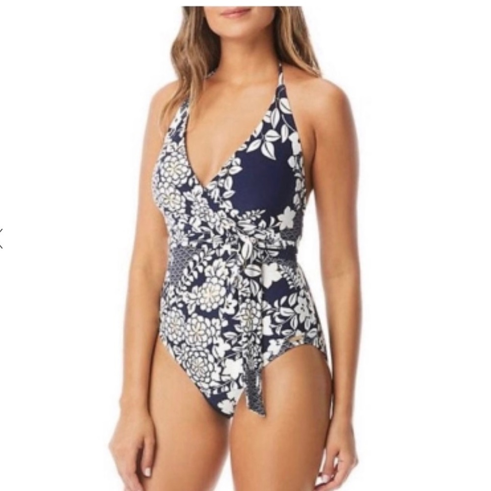 VINCE CAMUTO Zen Garden V-Neck Wrap Tie One Piece Swimsuit Floral Blue 4 NWT